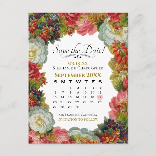 Vintage Fall Floral Wedding Save the Date Calendar Postcard