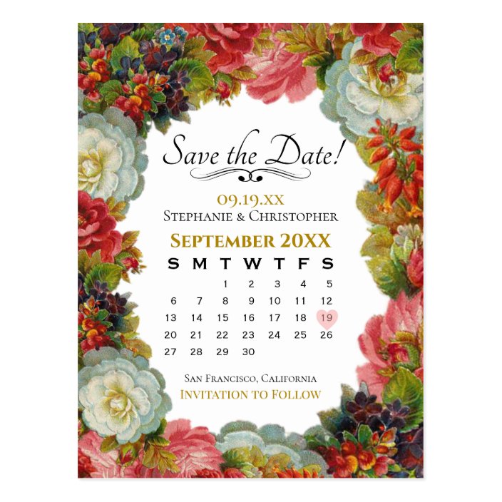 Vintage Fall Floral Wedding Save The Date Calendar Postcard Zazzle Com