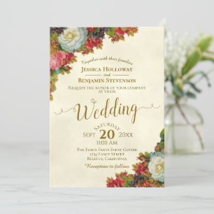 Vintage Fall Flowers Elegant Ivory & Gold Wedding Invitation