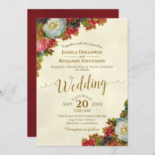 Vintage Fall Flowers Elegant Ivory  Gold Wedding Invitation