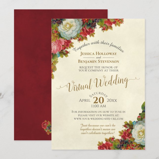 Vintage Fall Flowers Ivory & Gold Virtual Wedding Invitation (Front/Back)