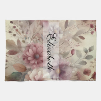 Vintage Fall flowers pastels watercolor painting Kitchen Towel