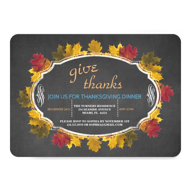 Vintage Fall Foliage Chalk Give Thanks Invite