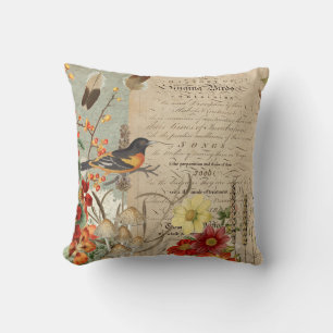 Vintage Fall Foliage Floral Bird Nest Blue Orange Throw Pillow