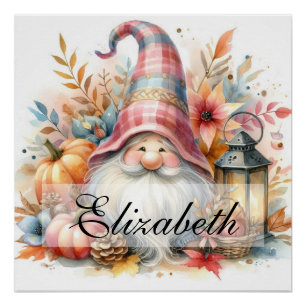Vintage Fall Gnomes with Autumn leaves Poster