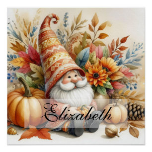 Vintage Fall Gnomes with Autumn leaves Poster