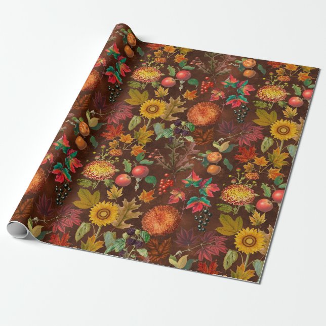 Vintage Fall Leaves Autumn Sunflowers Wrapping Paper (Unrolled)