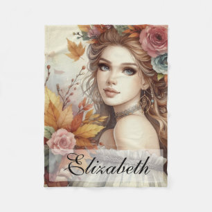 Vintage Fall Princess with Autumn leaves Fleece Blanket