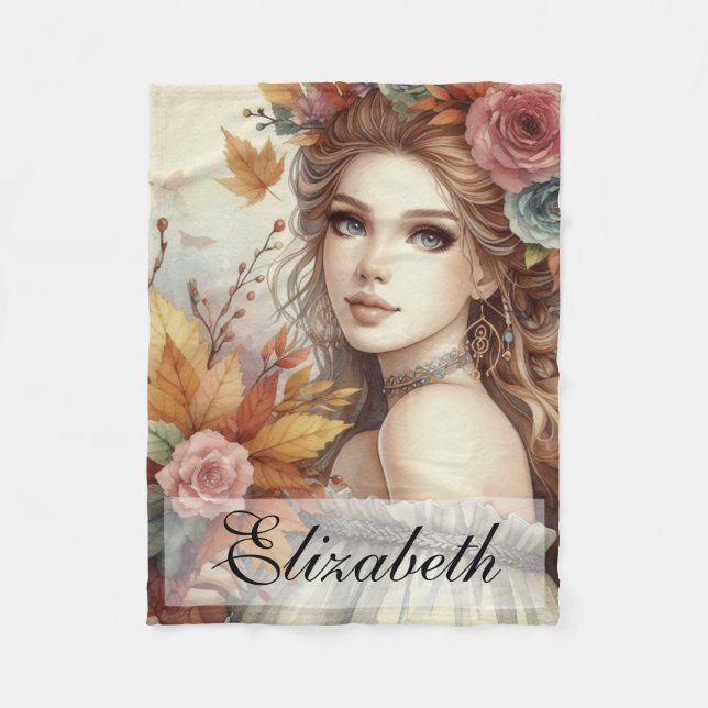Vintage Fall Princess with Autumn leaves  Fleece Blanket (Front)