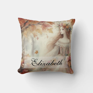 Vintage Fall Princess with Autumn leaves Throw Pillow