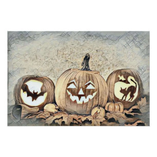 Vintage Fall pumpkins fall colors drawing Poster