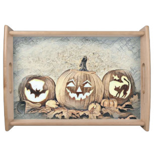 Vintage Fall pumpkins fall colors drawing Serving Tray