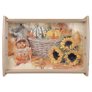 Vintage Fall pumpkins fall colors watercolor Serving Tray