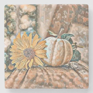 Vintage Fall pumpkins fall colors watercolor Thro Stone Coaster
