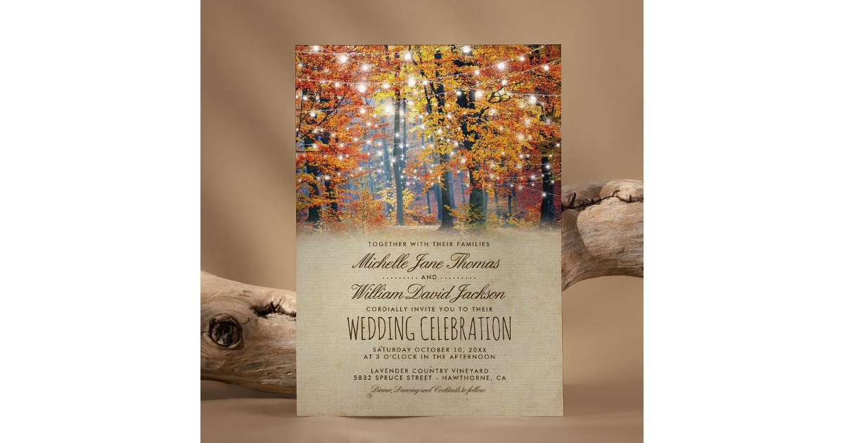 Vintage Fall Rustic Autumn String Lights Wedding Invitation | Zazzle