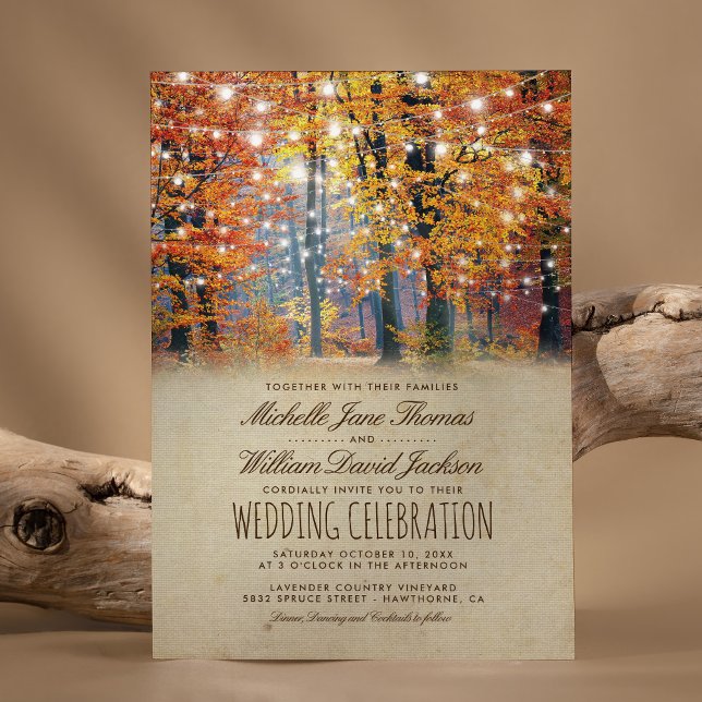 Vintage Fall Rustic Autumn String Lights Wedding Invitation (Creator Uploaded)