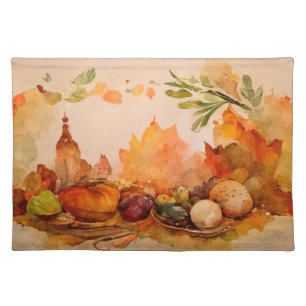 Vintage Fall Watercolor Pumpkins Thanksgiving Cloth Placemat