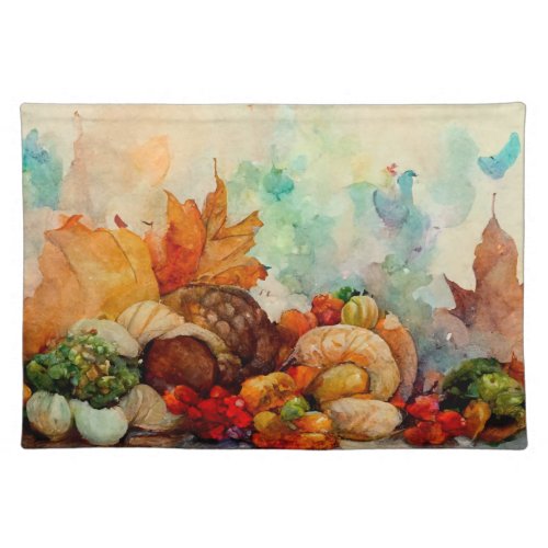 Vintage Fall Watercolor Thanksgiving Pumpkins Cloth Placemat