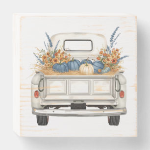Vintage Fall White Pickup Truck Wooden Box Sign