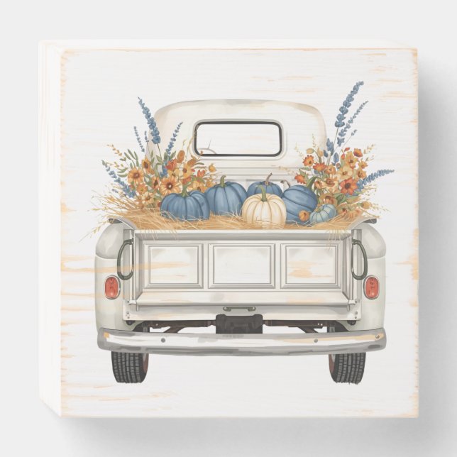 Vintage Fall White Pickup Truck Wooden Box Sign (Front Horizontal)