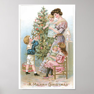Vintage Family around Christmas Tree Poster