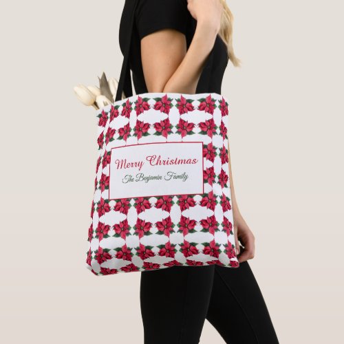 Vintage Family Christmas Red Poinsettia Pattern  Tote Bag