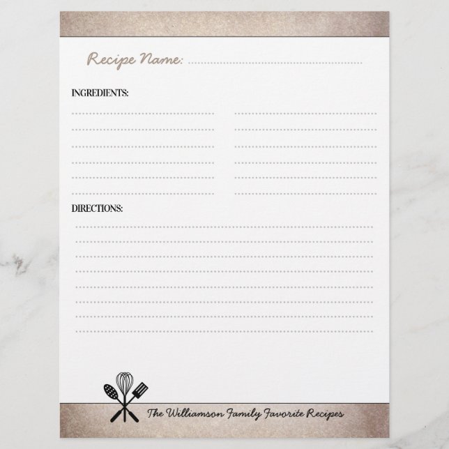 Vintage Family Cookbook Recipe Binder Insert (Front)