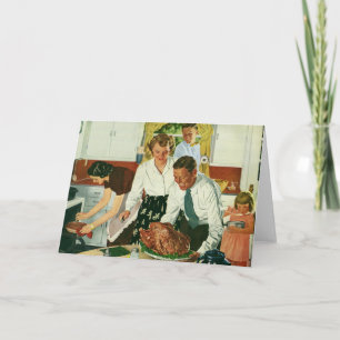 Vintage Family Cooking Thanksgiving Dinner Kitchen Holiday Card
