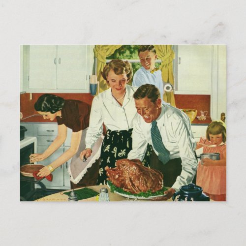 Vintage Family Cooking Thanksgiving Dinner Kitchen Holiday Postcard