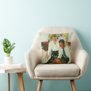 Vintage Family Cooking Thanksgiving Dinner Kitchen Throw Pillow