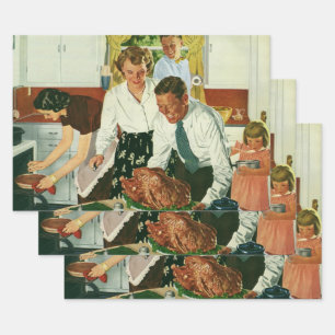 Vintage Family Cooking Thanksgiving Dinner Kitchen Wrapping Paper Sheets