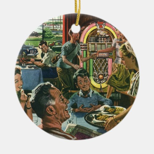 Vintage Family Dinner at a Diner with a Jukebox Ceramic Ornament