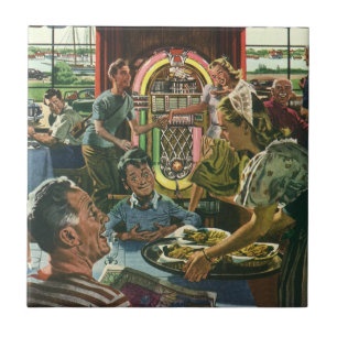 Vintage Family Dinner at a Diner with a Jukebox Ceramic Tile