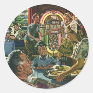 Vintage Family Dinner at a Diner with a Jukebox Classic Round Sticker
