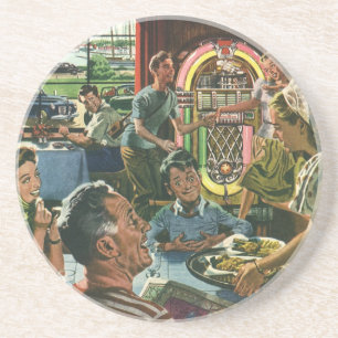 Vintage Family Dinner at a Diner with a Jukebox Coaster