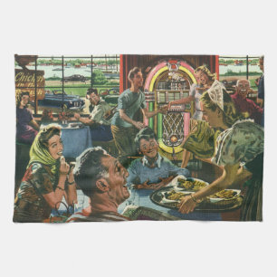 Vintage Family Dinner at a Diner with a Jukebox Kitchen Towel
