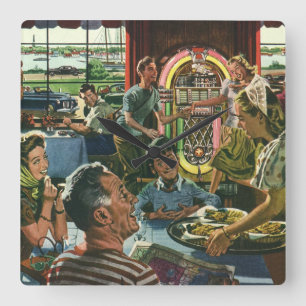 Vintage Family Dinner at a Diner with a Jukebox Square Wall Clock