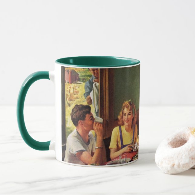Vintage Family Eating Breakfast in the Kitchen Mug (With Donut)