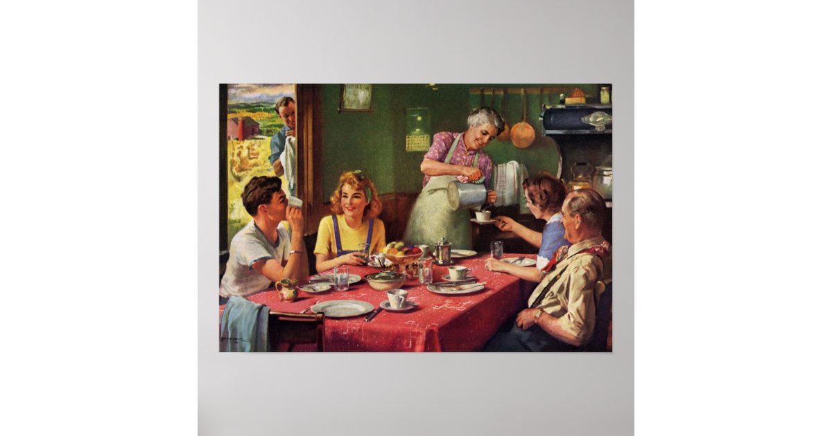 Vintage Family Eating Breakfast in the Kitchen Poster | Zazzle