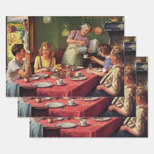 Vintage Family Eating Breakfast in the Kitchen Wrapping Paper Sheets