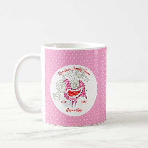 Vintage Family Farm Eggs Rustic Pink Hen Polka Dot Coffee Mug