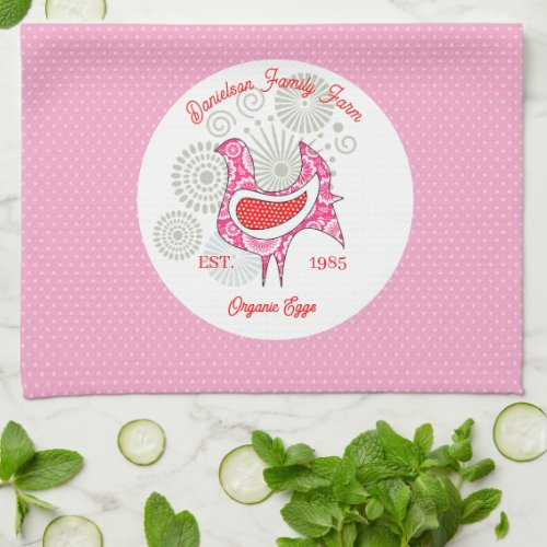 Vintage Family Farm Eggs Rustic Pink Hen Polka Dot Kitchen Towel