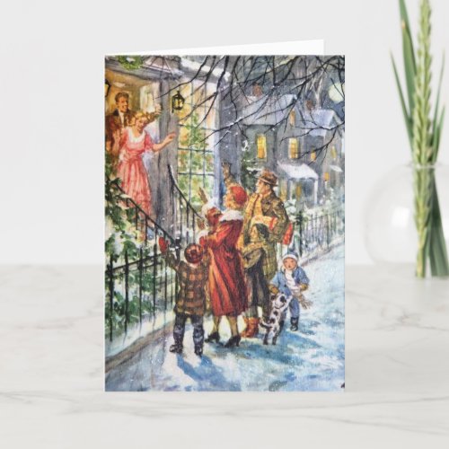 Vintage Family Greeting In The Snow Christmas Holiday Card