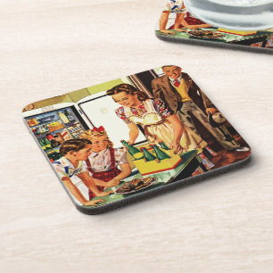 Vintage Family in the Kitchen Mom Dad Kids Snack Beverage Coaster