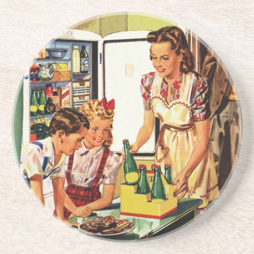 Vintage Family in the Kitchen Mom Dad Kids Snack Coaster