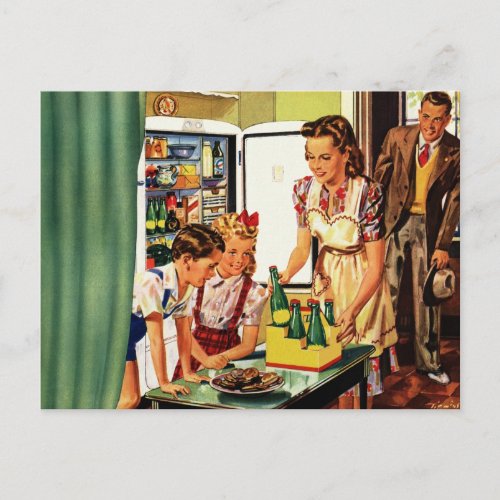 Vintage Family in the Kitchen Mom Dad Kids Snack Postcard