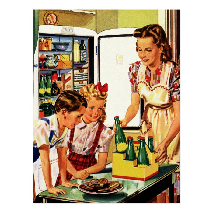 Vintage Family in the Kitchen Mom Dad Kids Snack Postcard | Zazzle