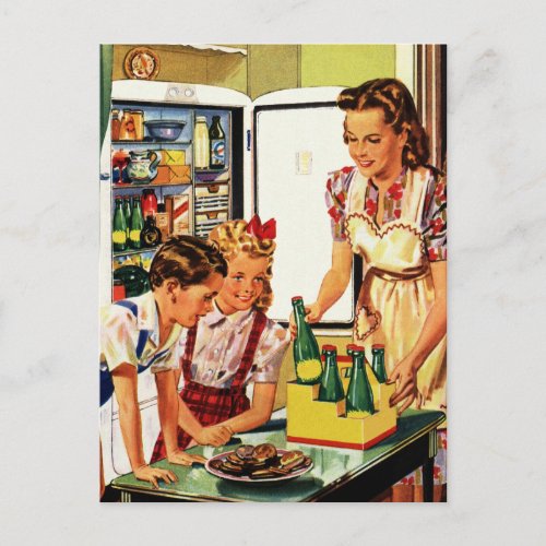 Vintage Family in the Kitchen Mom Dad Kids Snack Postcard