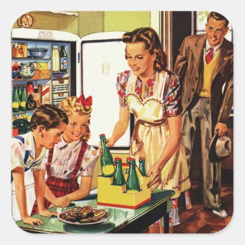 Vintage Family in the Kitchen Mom Dad Kids Snack Square Sticker