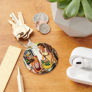 Vintage Family, Mom with Kids, Snacks in Kitchen Keychain